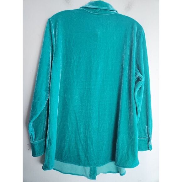 Soft Surroundings Blue Green Teal Velvet Button Down Blouse size Large Petite - Picture 5 of 7